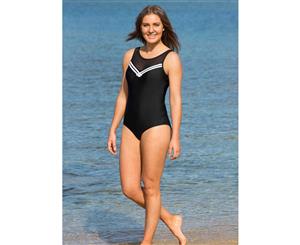 LaSculpte Women's Mesh Yoke Tummy Control One Piece Sportsuit with Inner Shelf without Cups - Black/white