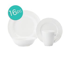 16pc Casa Domani Casual White Florence Round Mugs Bowls Dinner Side Plates Set
