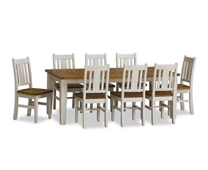 Leura 8 Rectangle Timber Dining Table And Chairs Setting In Distressed White - Distressed White - Dining Settings