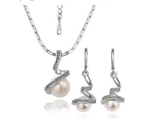 Swarovski Crystal Elements - Pearl and Crystal - Necklace and Earrings Set White Gold Plate - Valentine's Gift Idea