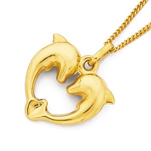 9ct Gold Large Double Dolphin Heart Pendant