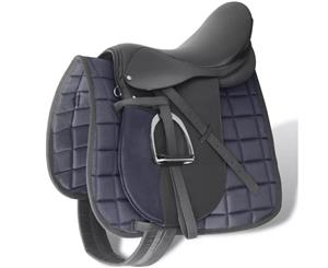 Horse Riding Saddle Set 17.5" Real Leather Black 18cm 5-in-1 Blanket