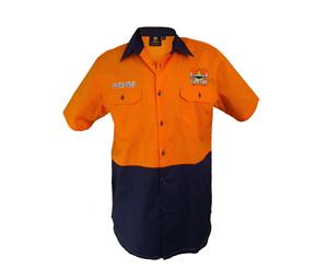 North QLD Queensland Cowboys NRL Short Sleeve Button Work Shirt HI VIS ORANGE NAVY
