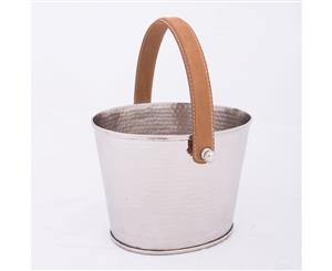 POLO Hammer Finished Ice Bucket - Nickel with Brown Leather Handle