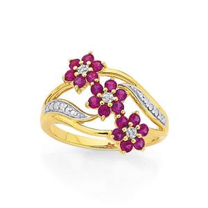 9ct Gold Created Ruby Flower Dress Ring