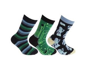 Floso Childrens/Kids Retro Gripper Socks (3 Pairs) (Green/Navy) - K353