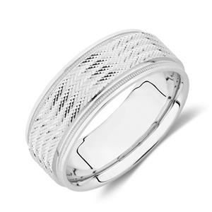 8mm Patterned Ring in 10ct White Gold