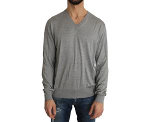 Dolce & Gabbana Silver Silk V-Neck Pullover Sweater