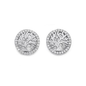 Sterling Silver Round Cubic Zirconia Tree Of Life Stud Earrings