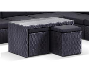 Outdoor Wicker Glass Top Coffee Table With Stow Away Ottomans - Outdoor Tables - Charcoal Wicker with Denim