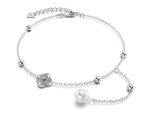 .925 Sterling Silver Diamonelle Clover Pearl Charm Bracelet-Silver