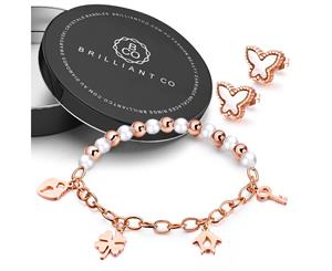 Boxed 18ct Rose Gold Charm Bracelet and Butterfly Earrings Set