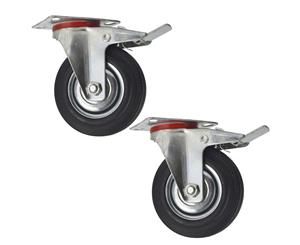 AB Tools 5" (125mm) Rubber Swivel With Brake Castor Wheels Trolley Caster (2 Pack) CST08