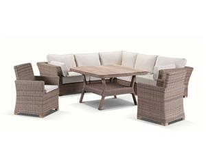 Coco 8 Piece Outdoor Modular Corner Lounge And Dining Table And Chairs Setting - Brushed Wheat Cream cushions - Outdoor Wicker Lounges