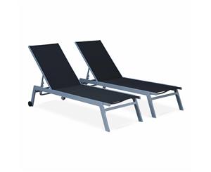 ELSA Set of 2x Sun Loungers in Aluminium and Textilene adjustable with wheels | Exists in 4 COLOURS - Grey Frame / Black Textilene