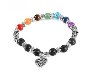 7 Chakra Lava Healing Stone Diffuser Bracelet with Heart Charm - Tibetan Antique Silver Plate - Valentine's Day Gift Idea