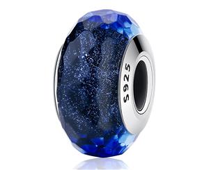 .925 Solid Sterling Silver Pale Dark Sapphire Stardust Murano Glass Charm