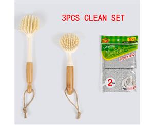 3PK Cleaning Brush Set Bamboo Handle Scraper Dish Brush Sponge Pad for Kitchen
