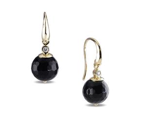 9K Yellow Gold Faceted Onyx And Crystal Earrings
