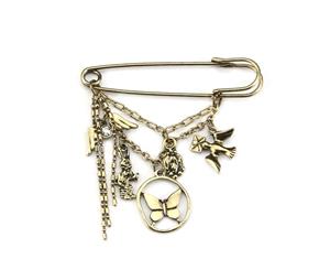 Butterfly and Birds Charm Brooch Antique Gold