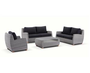 Grange 3+2+1 Outdoor Wicker Lounge Setting With Coffee Table - Outdoor Wicker Lounges - Brushed Grey and Denim cushion