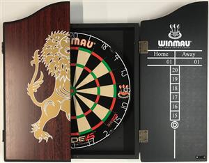 Winmau DUAL CORE Blade 5 FIVE Dart Board & LION Wooden Cabinet + 6 x Darts SET