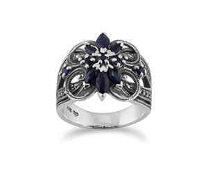 Art Nouveau Style Marquise Sapphire & Marcasite Floral Cocktail Ring in 925 Sterling Silver