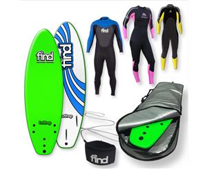 FIND 5ƌ" Tuffrap Thruster Soft Surfboard Softboard + Cover + Leash + Wetsuit Package - Green