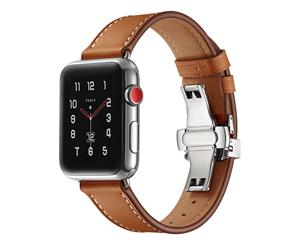 WIWU New Genuine Leather Watch Band Silver Metal Butterfly Buckle For Apple Watch 5/4/3/2/1-Brown