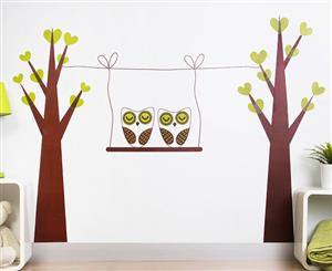 Children's Wall Decals - Brown & Green Owls Swinging