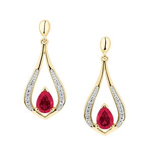 Drop Earrings with Created Ruby & Diamonds in 10ct Yellow Gold