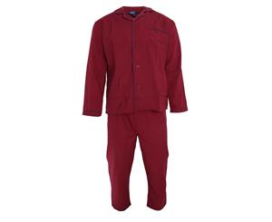 Harvey James Mens Long Sleeve Shirt & Bottoms Woven Pyjamas/Nightwear Set (BURGUNDY) - N1174