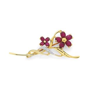 9ct Gold Created Ruby & Diamond Flower Brooch