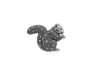 Classic Marcasite & Emerald Squirrel Brooch in 925 Sterling Silver