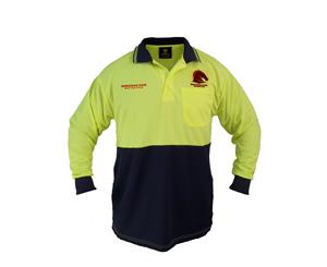 Brisbane Broncos NRL LONG Sleeve HI VIS Polo Work Shirt Yellow Navy