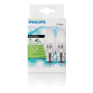 Philips 28w Clear Bayonet Clip EcoClassic Candle Globe - 2 Pack